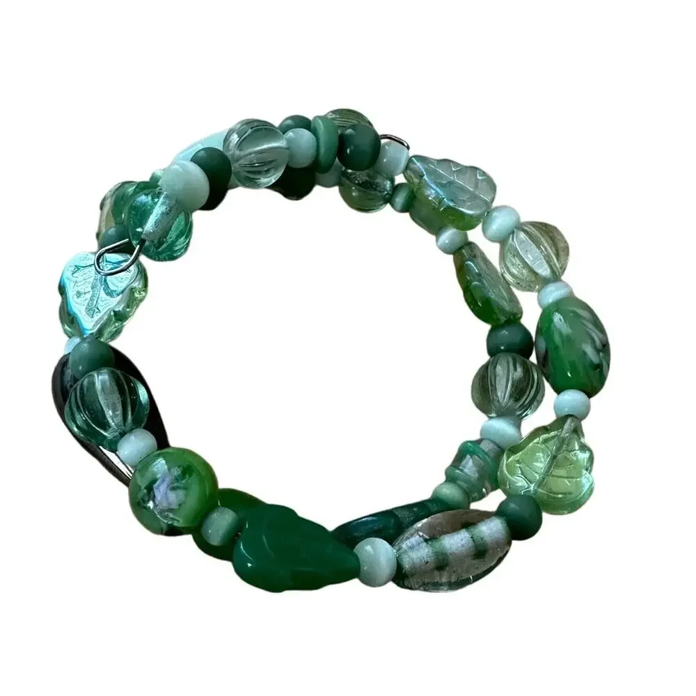 Green Glass Leaf Beads Wrap Bracelet